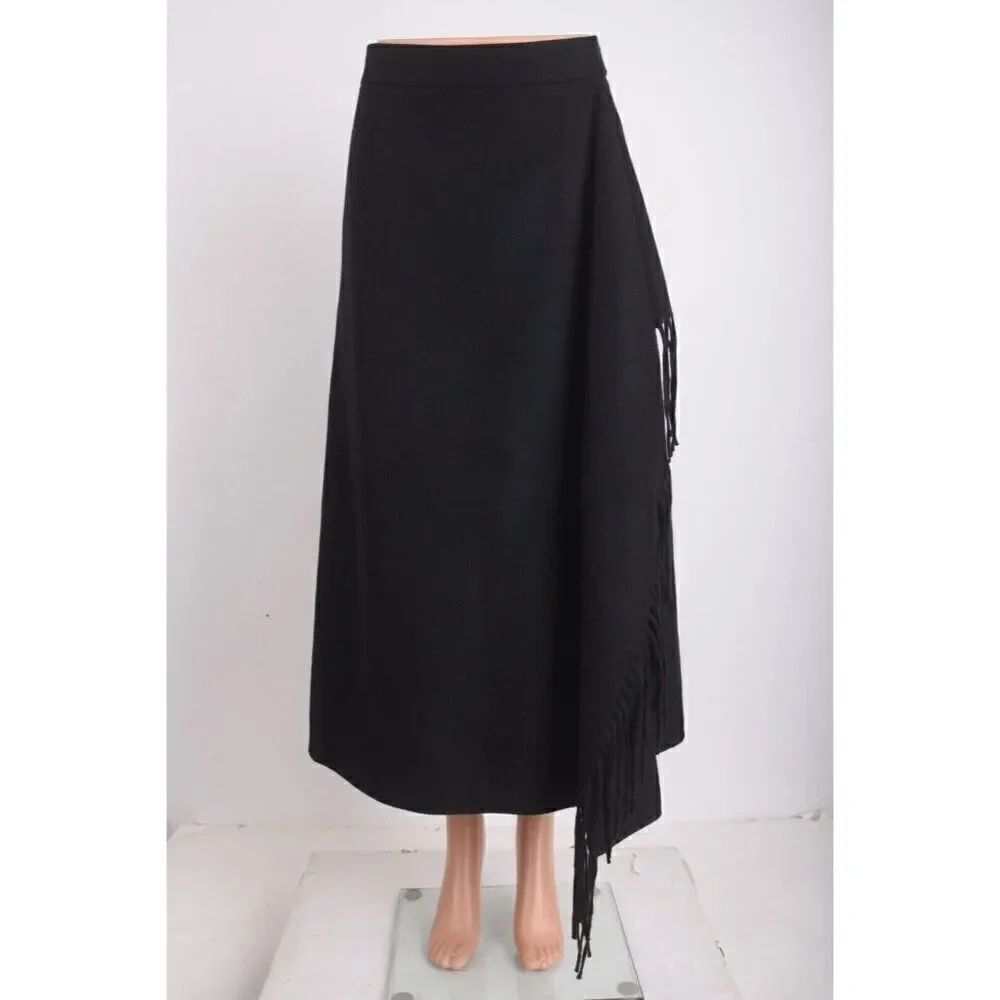 Escada Womens Rakama Midi Skirt Layered Fringe Wool Black US M EU 38 NWT $995